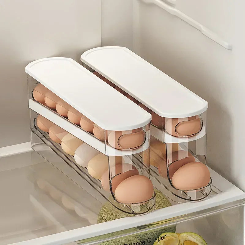 Double-layer rolling egg organizer placed on a refrigerator shelf, filled with eggs