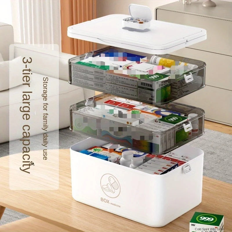 3-Tier Medicine Organizer Box with Carry Handle for Family Emergency & Home Storage – Ivory or White