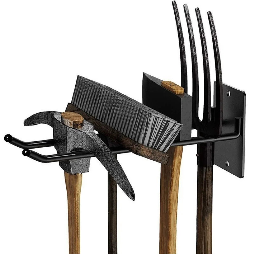 Wall-mounted iron double hook securely holding a hammer, broom, rake, and garden tools in a garage or shed setting