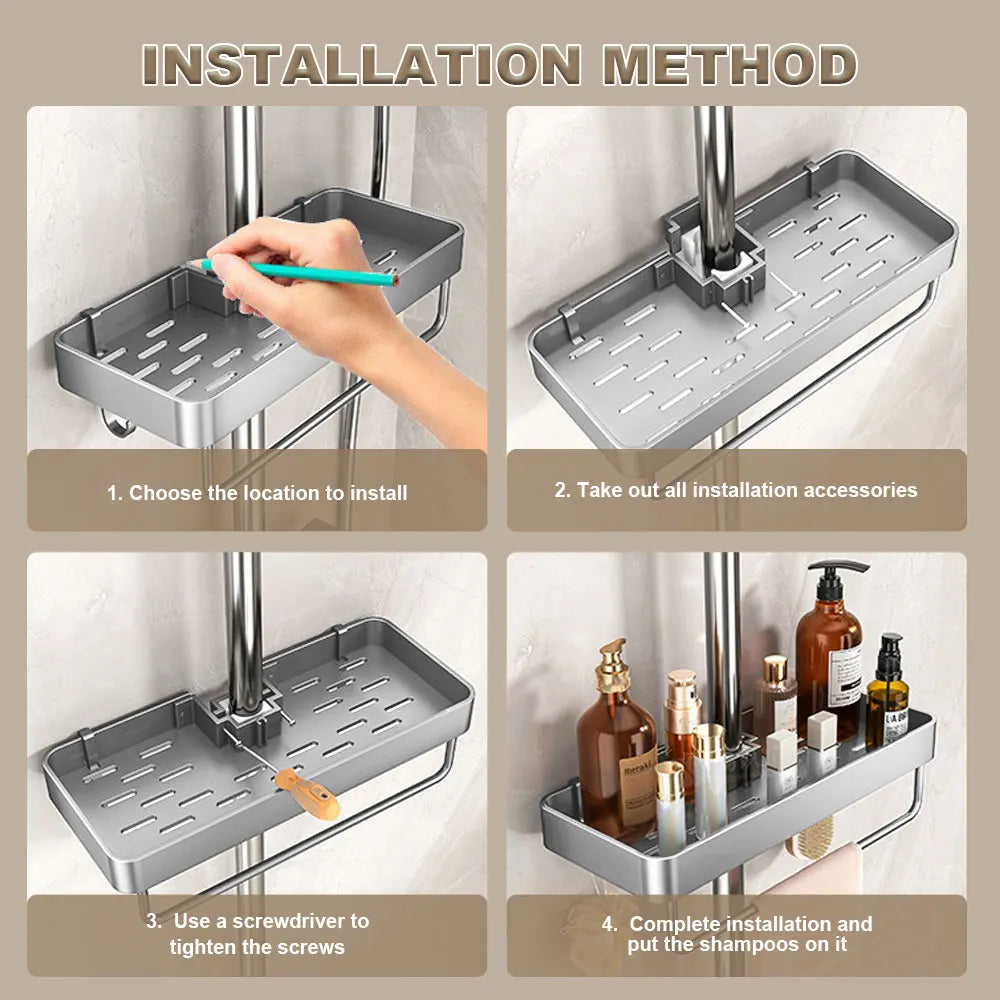 Adjustable Aluminum Shower Caddy with Towel Bar for Round Shower Poles