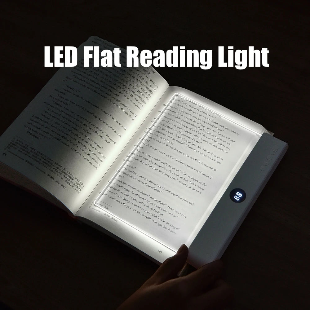 Flat panel LED book light illuminating an open book in a dark room