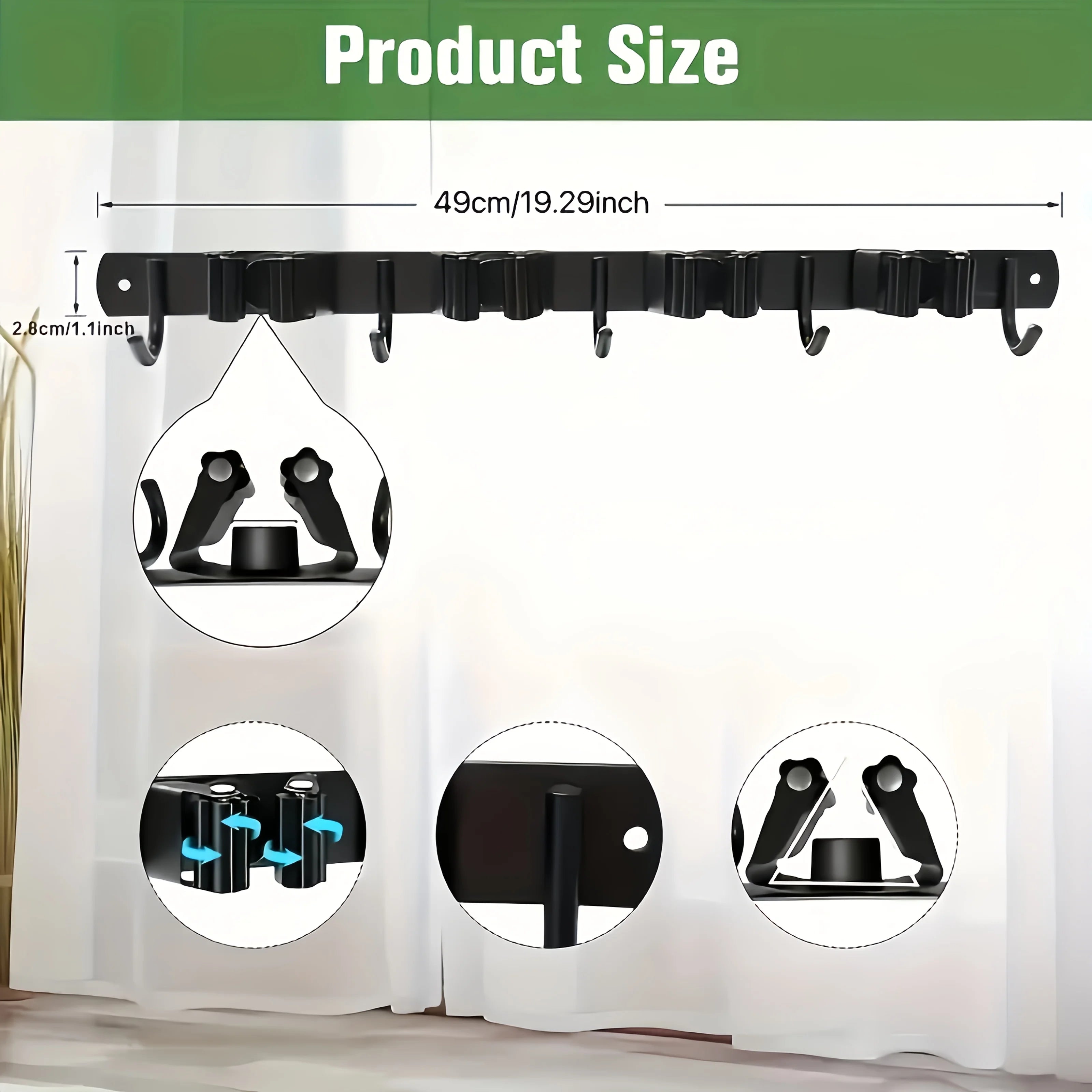 Measurement diagram with details of the black wall-mounted tool rack dimensions and features