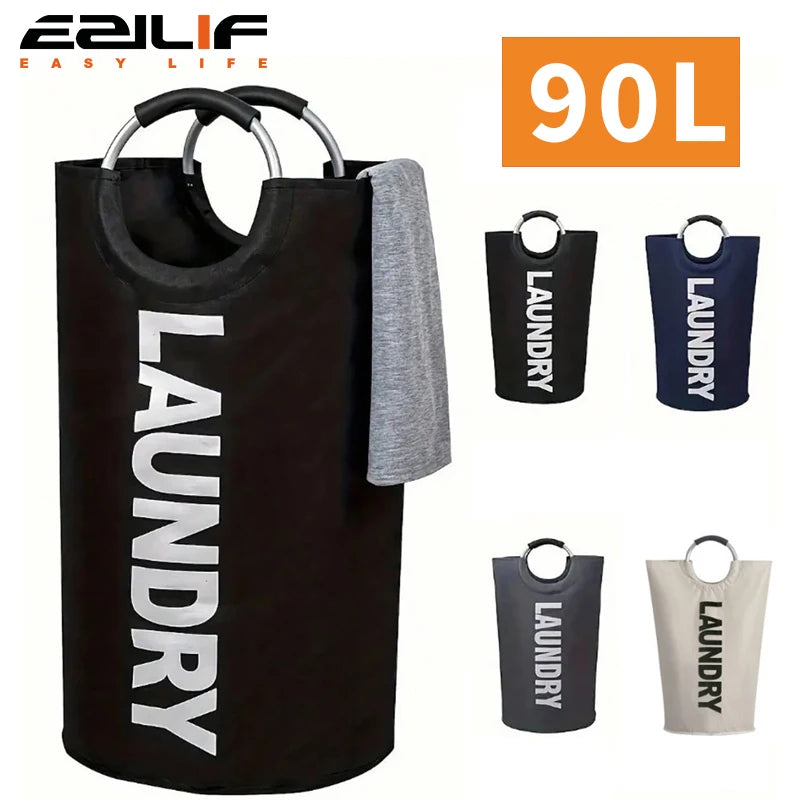 Large round black laundry hamper with LAUNDRY text, handles, and fabric color options shown