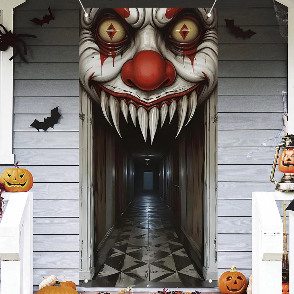 Scary clown hallway design polyester door cover displayed on a porch with Halloween decor