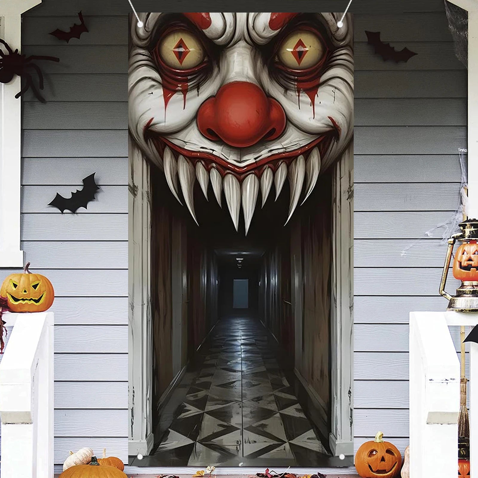 Scary clown hallway design polyester door cover displayed on a porch with Halloween decor
