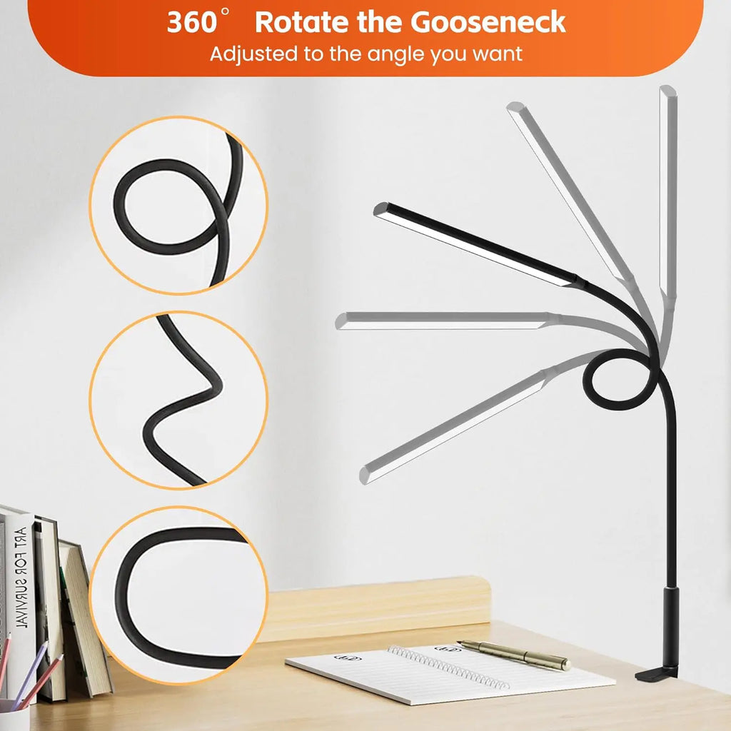 Diagram of flexible gooseneck design showing various adjustable positions for the desk lamp