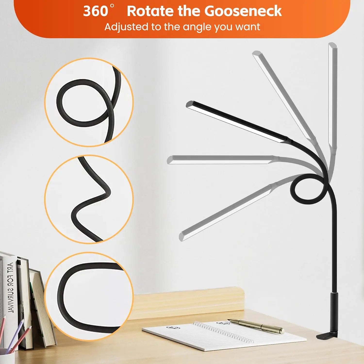 Diagram of flexible gooseneck design showing various adjustable positions for the desk lamp