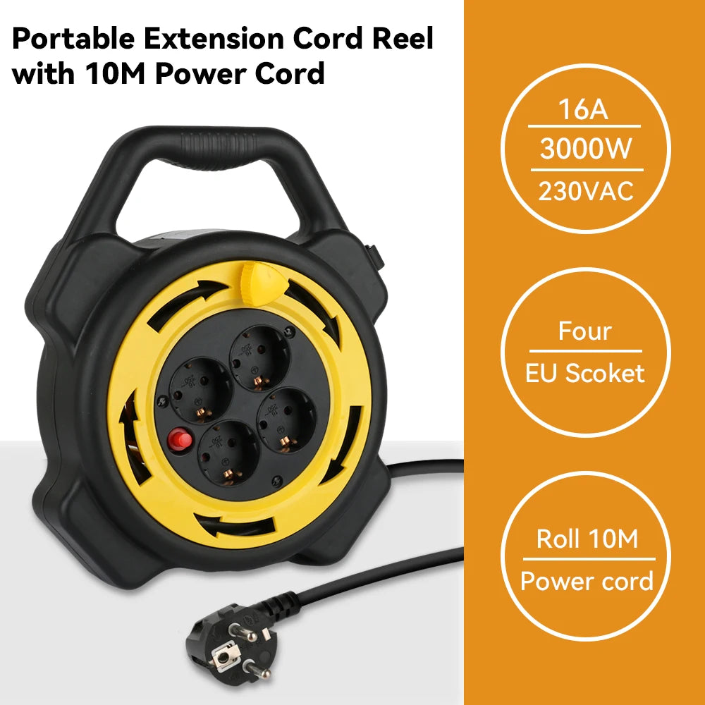 10M Retractable Extension Cord Reel with 4 EU Sockets and Carry Handle