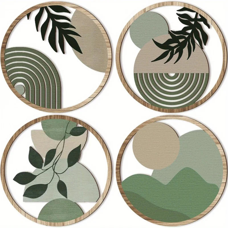 Set of four round geometric wooden wall art panels in green and beige tones