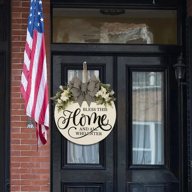 Welcome Flower Wreath Wooden Door Sign with Bow, Milky White