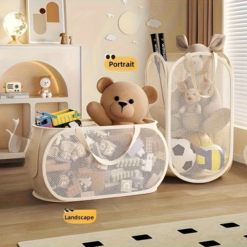 Two mesh toy storage baskets, one vertical and one horizontal, filled with plush animals, blocks, and sports balls in a children's playroom setting
