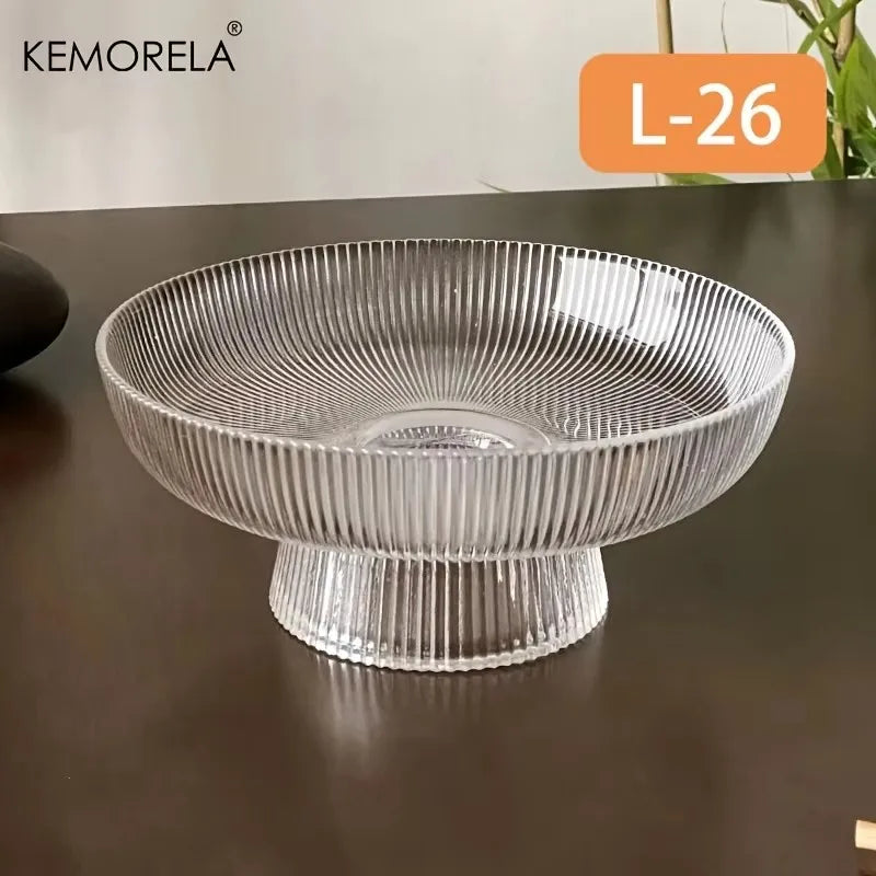 Ribbed Glass Pedestal Fruit Bowl for Dining Table or Kitchen