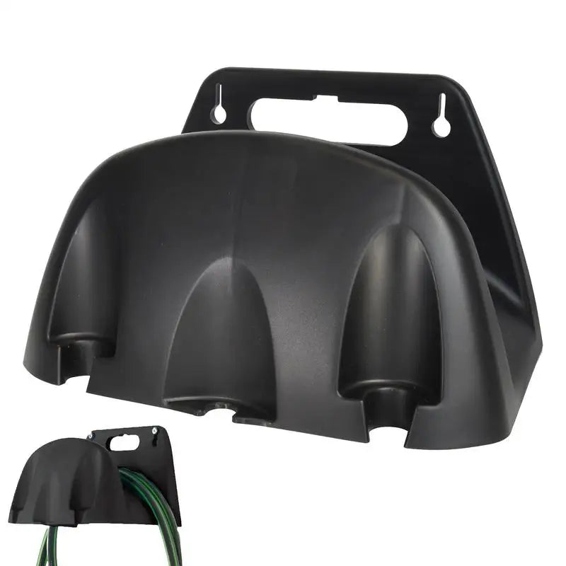 Close-up of black wall-mounted garden hose holder with hose example