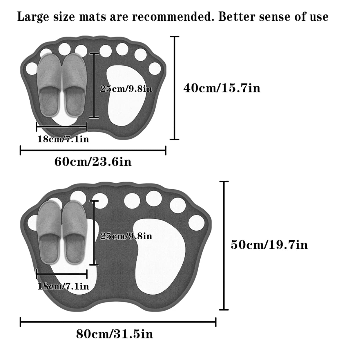 Claw pattern bath mat size chart with slippers for scale, showing two available sizes