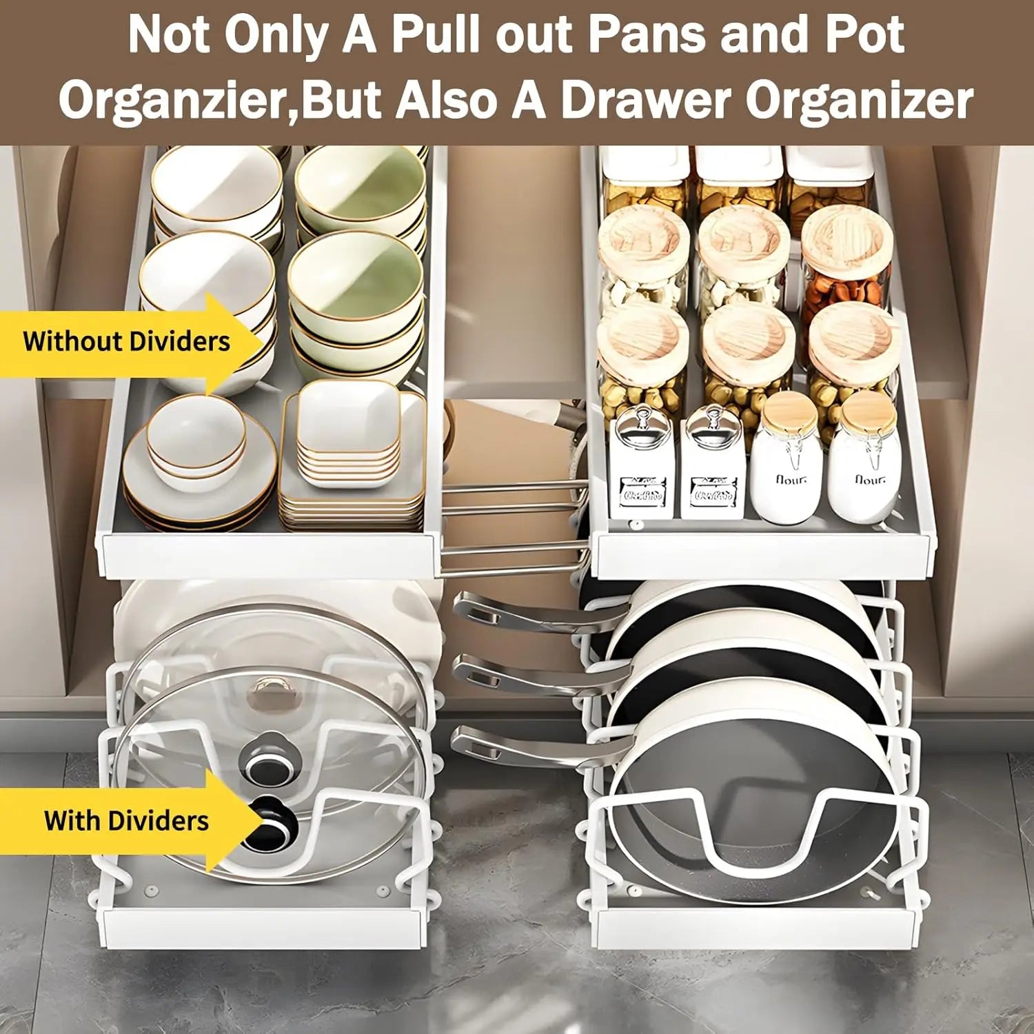 Pull-Out Pots and Pans Organizer with Adjustable Dividers