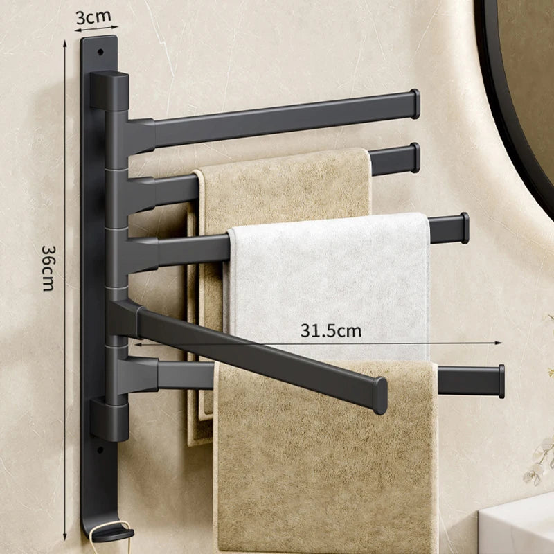 Wall-Mounted Rotating Aluminum Towel Rack for Bathroom or Kitchen – 2 to 5 Bars, Space-Saving Hanger in Black, Gray, or White