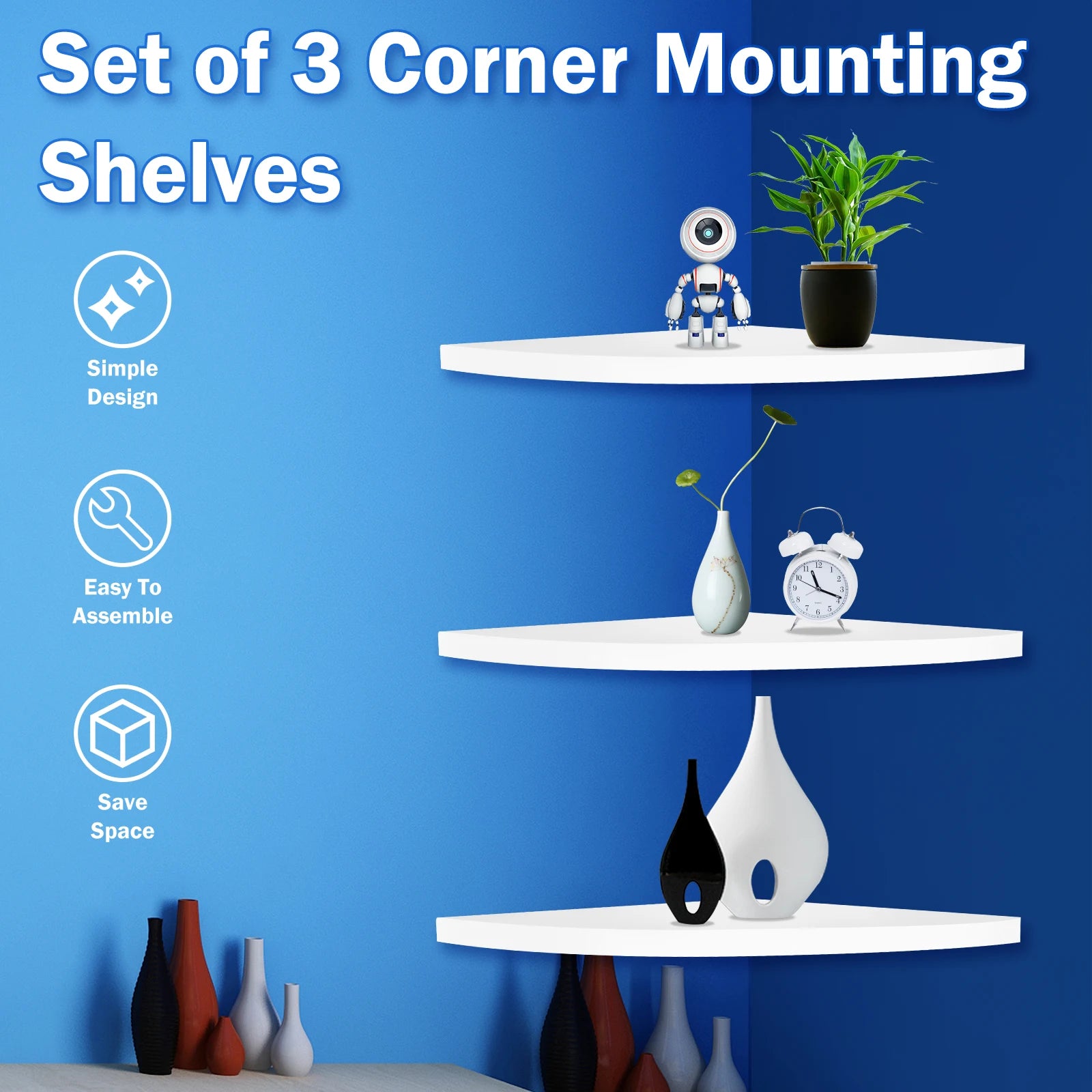 Three white wall-mounted corner shelves styled with small decor items and text highlighting simple design and space-saving features