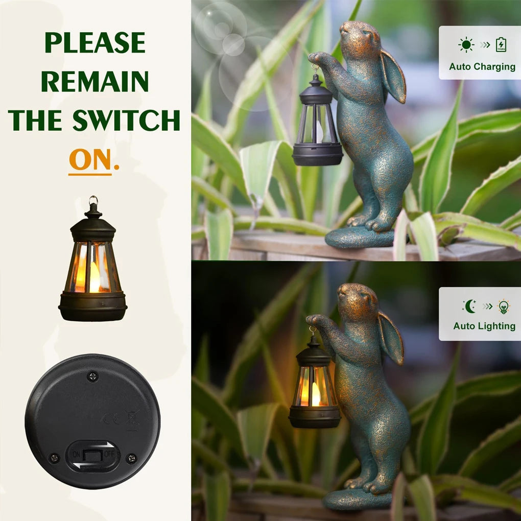 Solar lantern closeup and rabbit statue illustration with light on and off switch