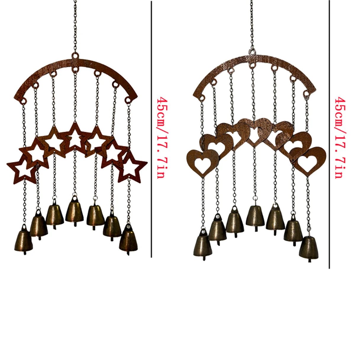 Two metal wind chimes with heart and star designs, side by side with measurement text 45cm/17.7in
