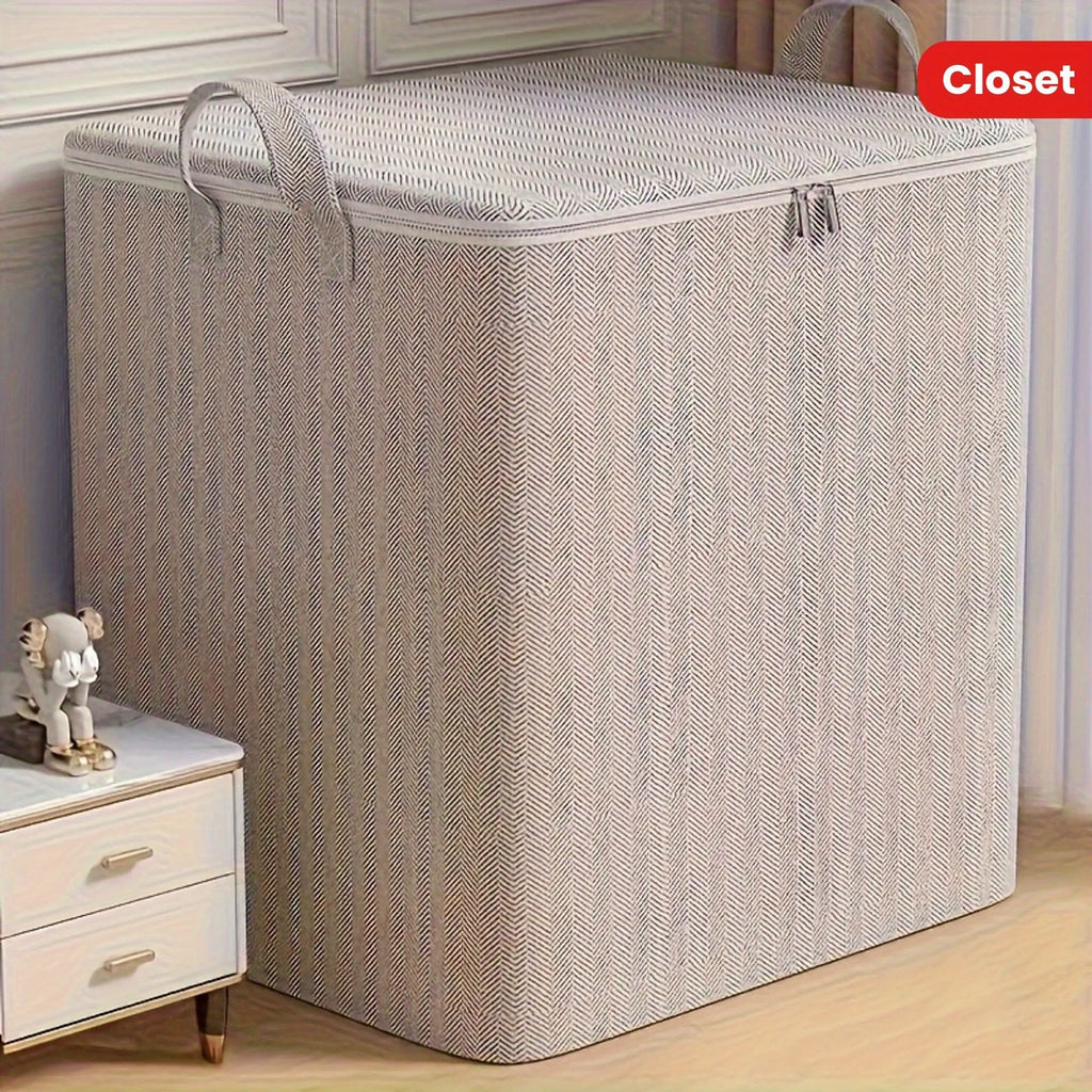 Large rectangular closet storage box with lid and handles placed next to a nightstand