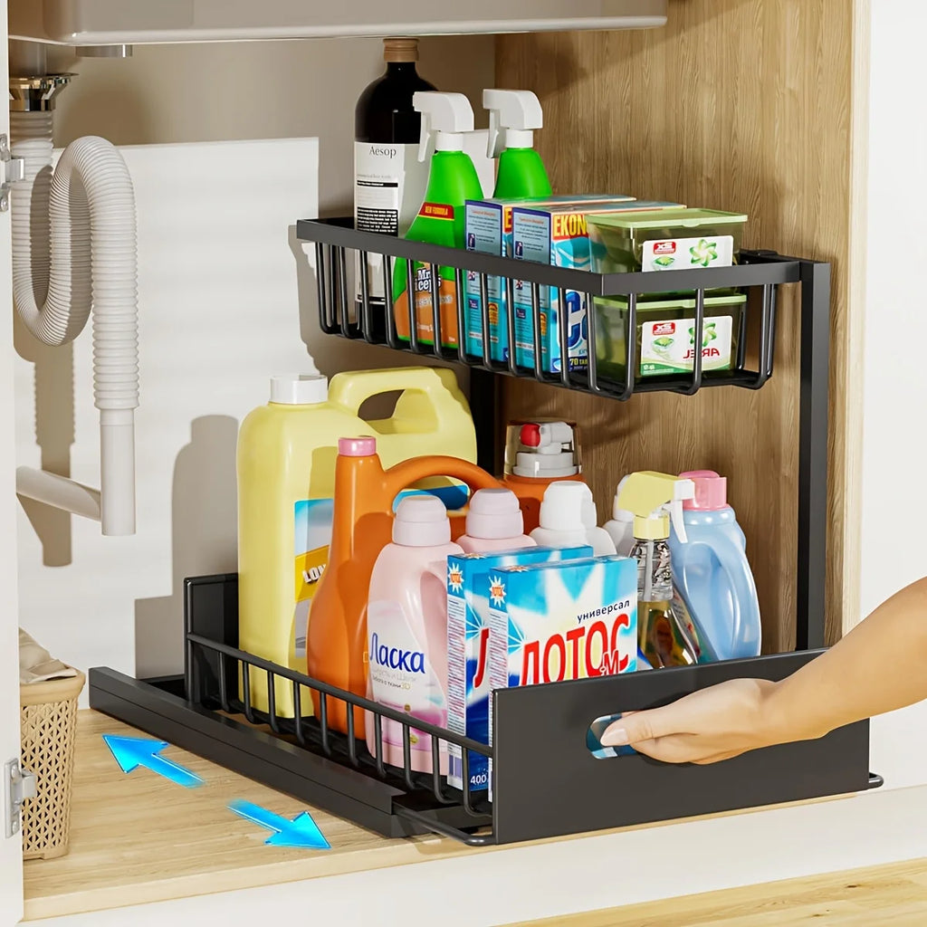 Sliding 2-Tier Metal Under-Sink Organizer for Kitchen & Bathroom Cabinets