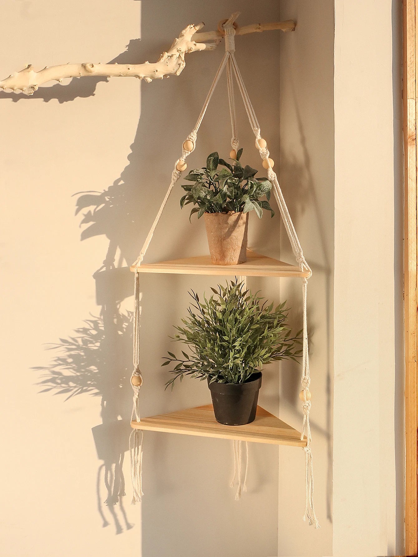 Juniper Macrame Wooden Corner Shelf for Wall – Floating Boho Display