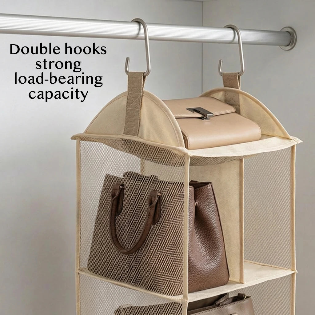 Close-up of the double metal hooks and mesh sides on a beige handbag organizer hanging in a closet; image includes text 'Double hooks strong load-bearing capacity'