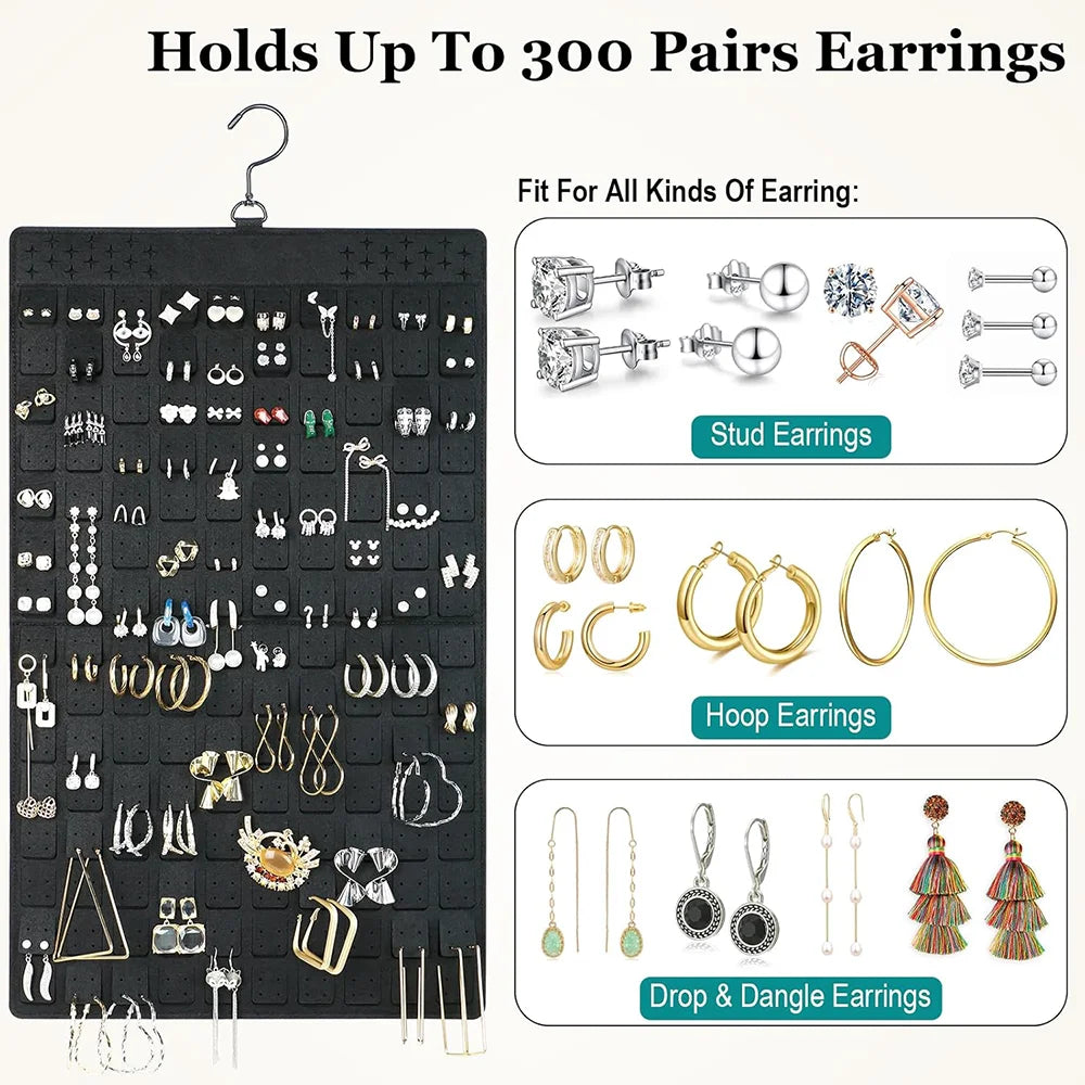 Earring organizer side holding a variety of stud, hoop, and dangle earrings with callout graphics