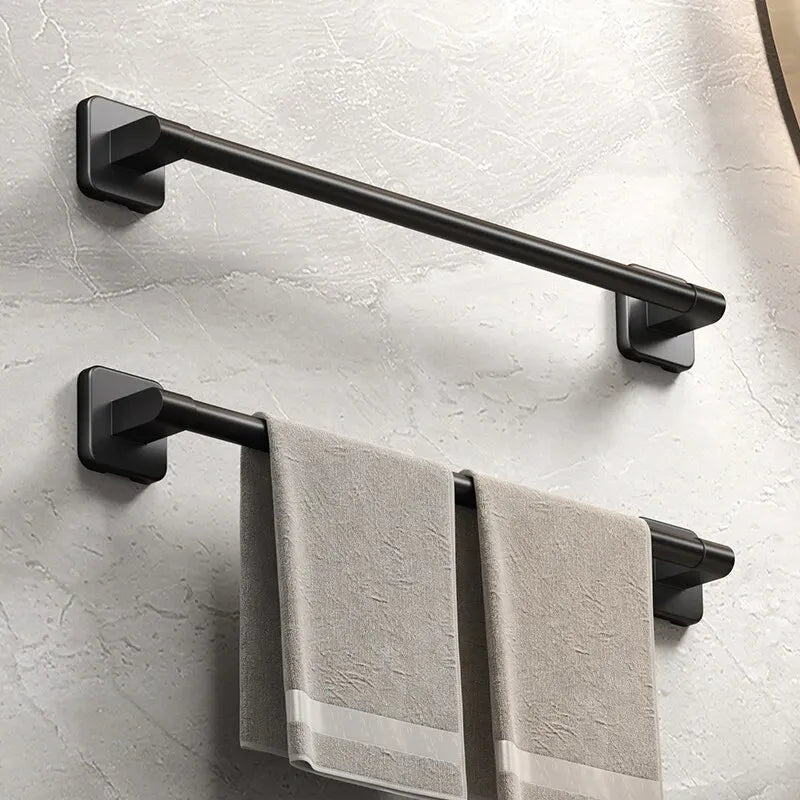 Wall-Mounted Black Aluminum Towel Rack with No-Drill Adhesive for Bathroom or Kitchen Organization – 50cm