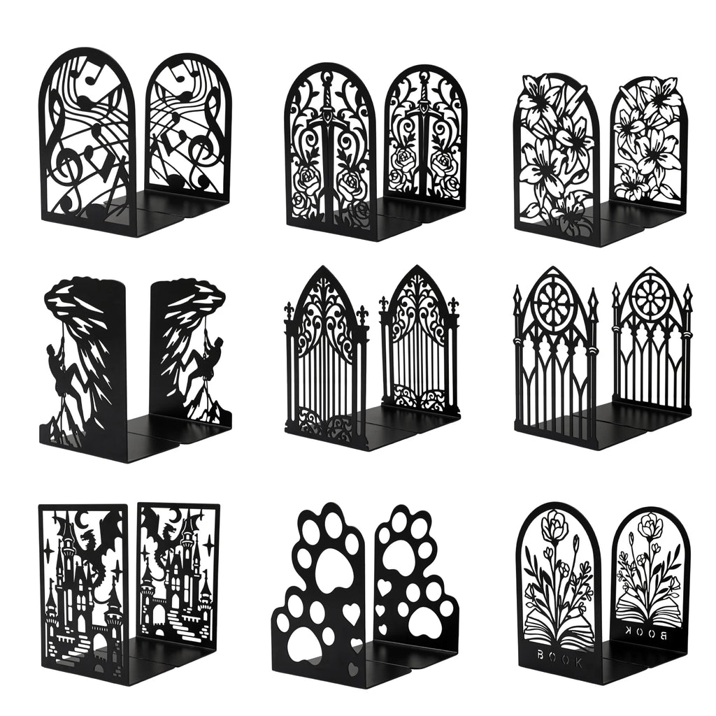 Assorted black metal bookends with floral, musical, gothic, cat paw, castle, dragon, and abstract designs displayed in a grid