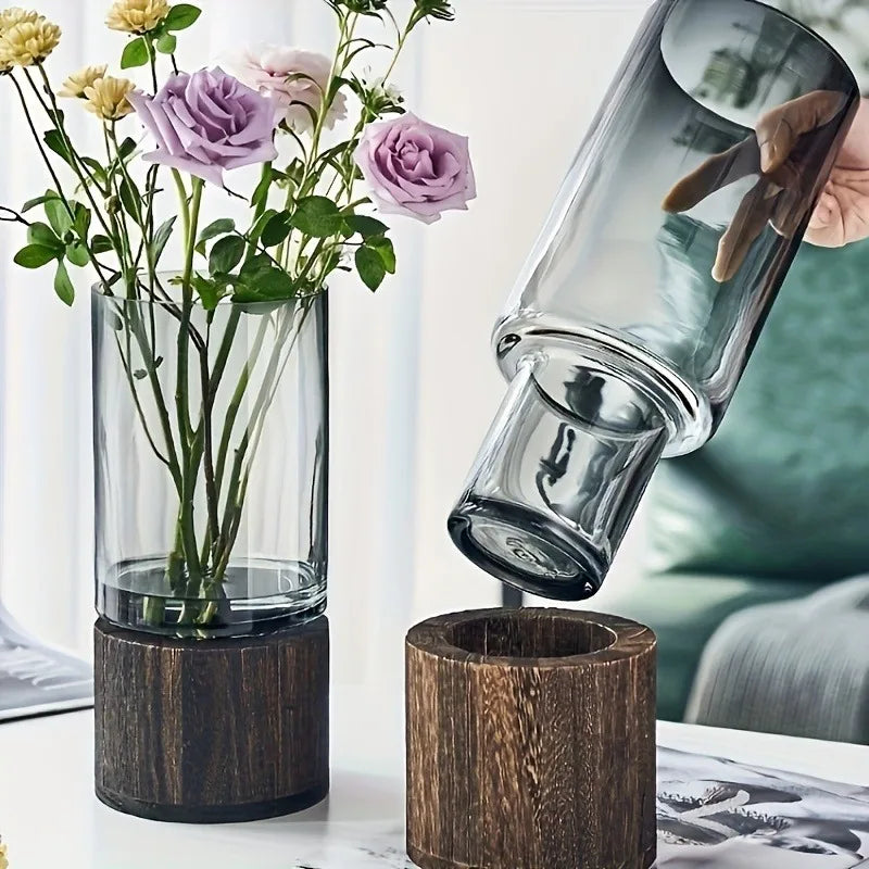 Arlen Smoked Glass Vase with Wood Base – Living Room Table Decor