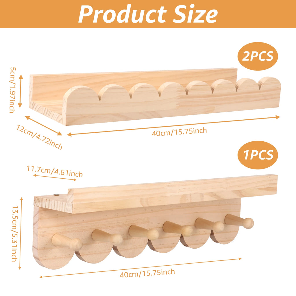 Scalloped Wood Floating Wall Shelves – Set of 3 or 4 for Kids’ Rooms & Entryways