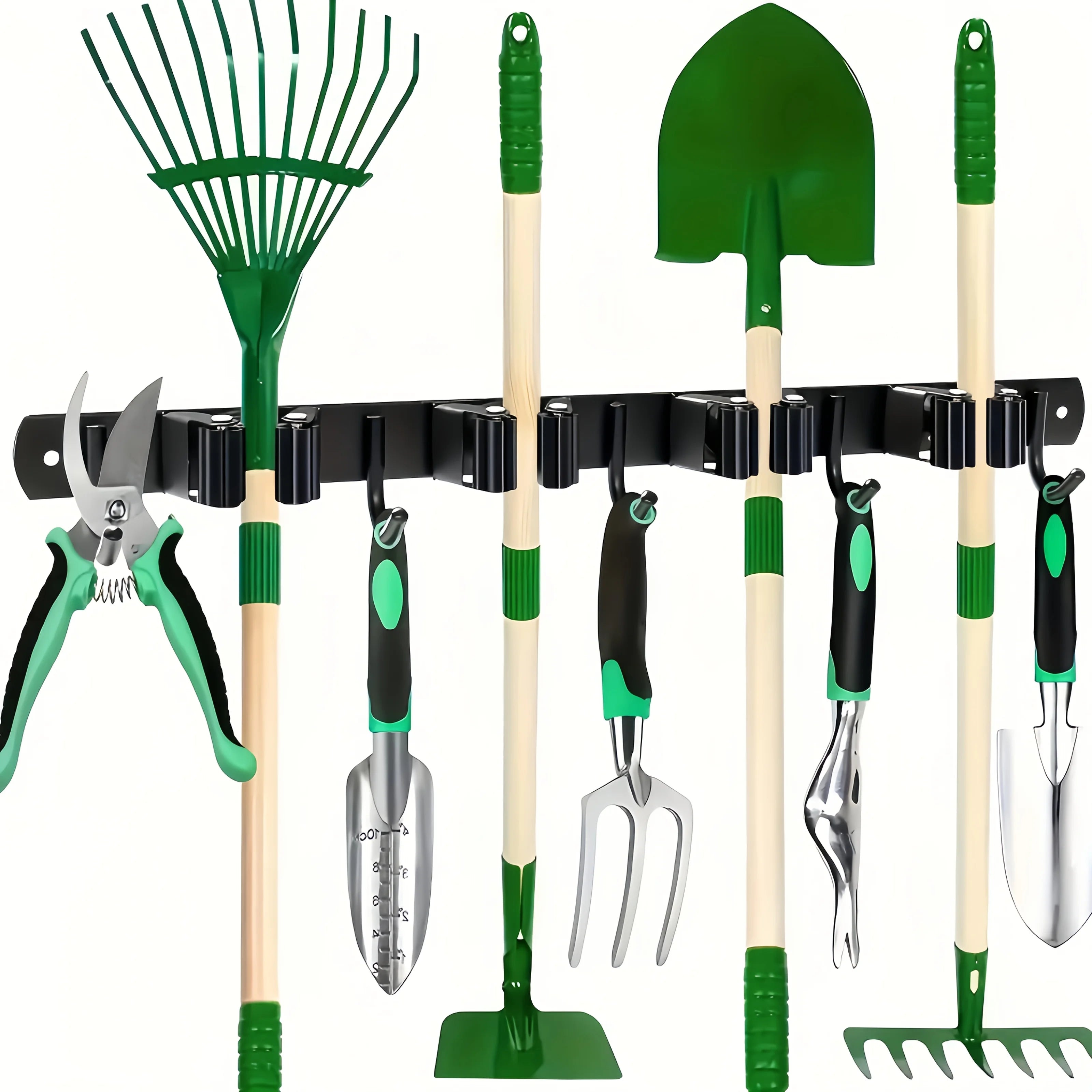 Wall-mounted metal tool rack holding assorted garden tools and hand tools in a home setting