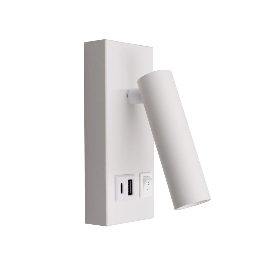 White wall-mounted adjustable reading light with USB and Type-C ports