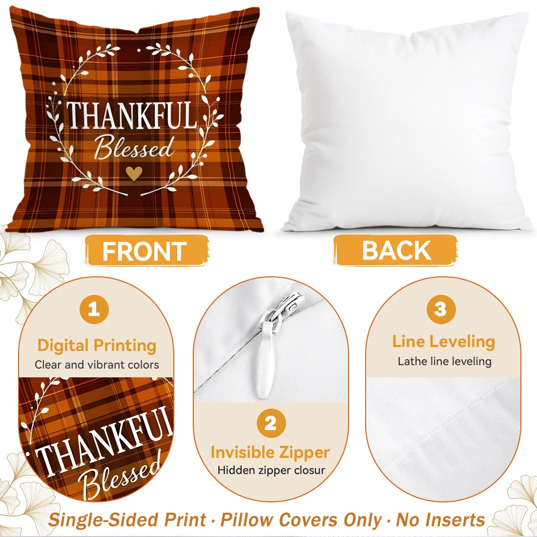Front and back view of plaid 'Thankful Blessed' pillow cover, showing hidden zipper and single-sided print details.