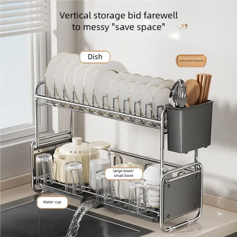 Double-layer dish rack in use with labeled sections for plates, bowls, and cups beside kitchen sink