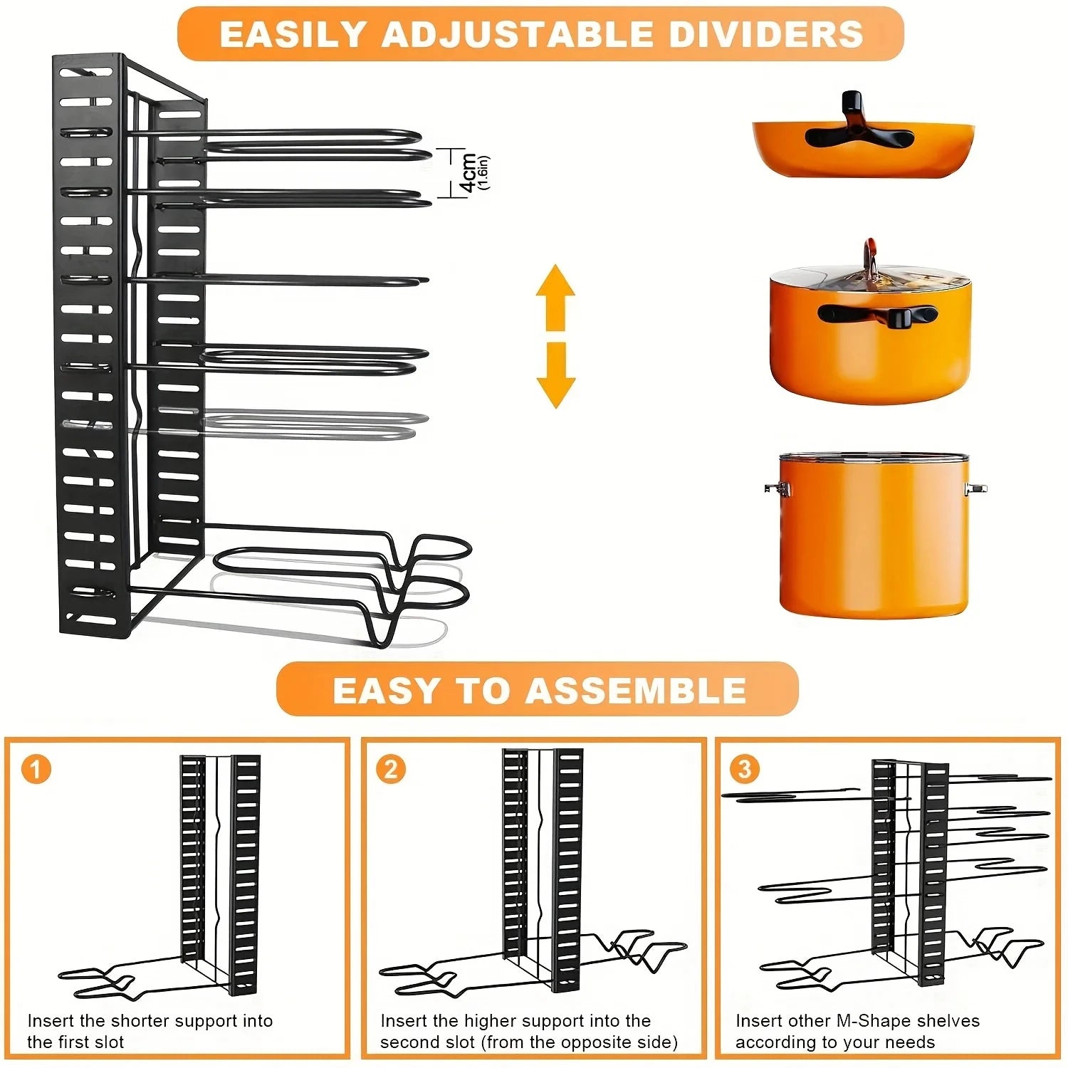 8-Tier Adjustable Pot & Pan Organizer Rack for Kitchen Cabinets