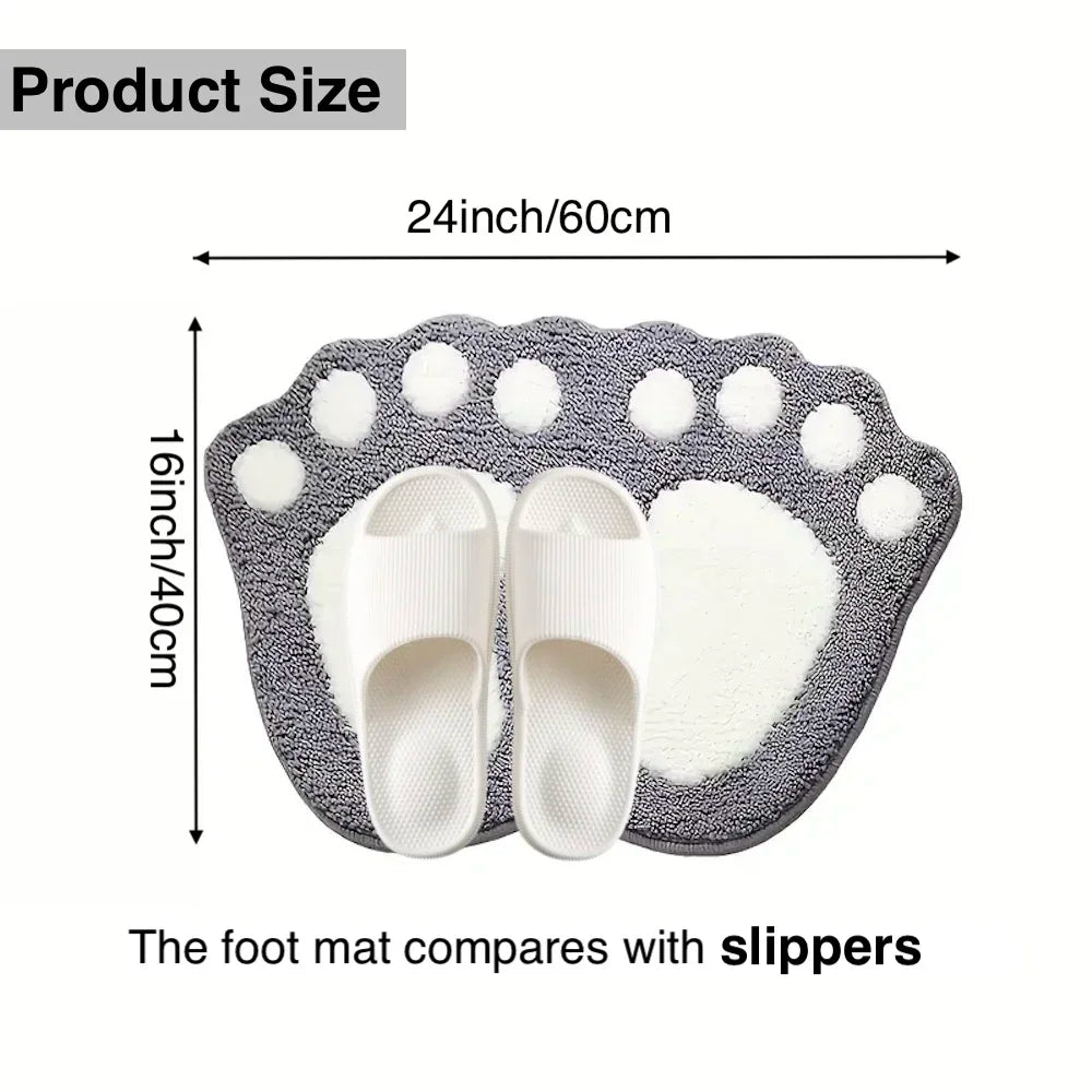 Gray footprint bath mat on bathroom floor, shown being stepped on and in daily use