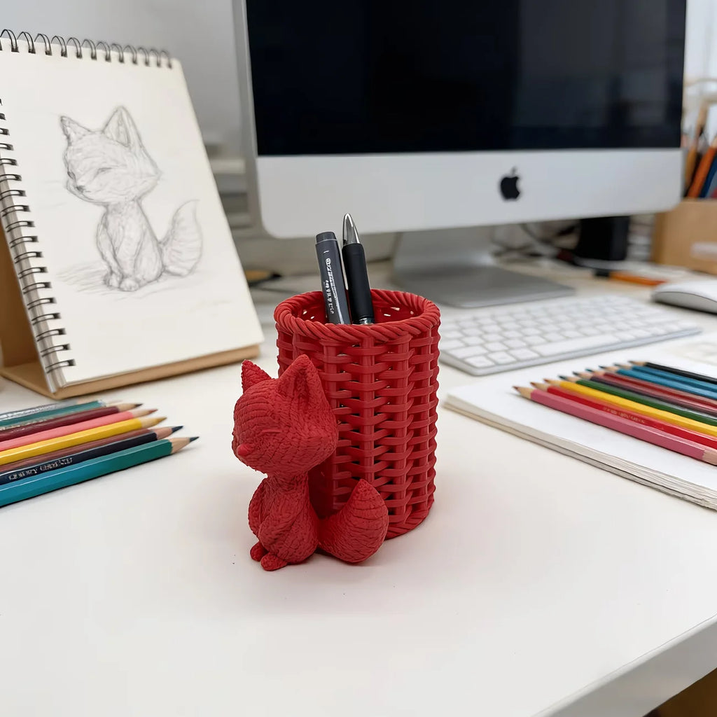 red fox animal pen holder on a workspace with colored pencils and sketchbook