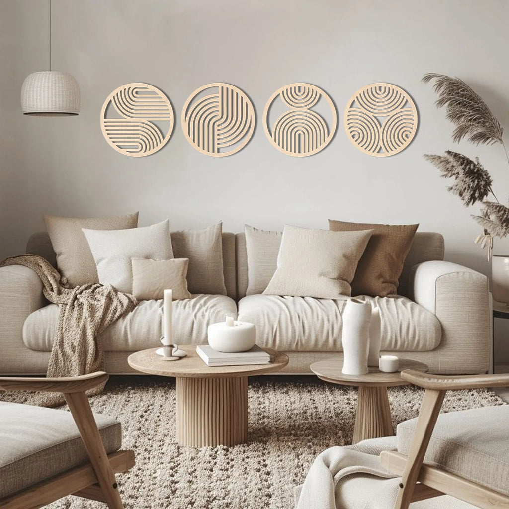 Geometric wooden wall art panels displayed above a beige living room sofa with cozy textured décor.