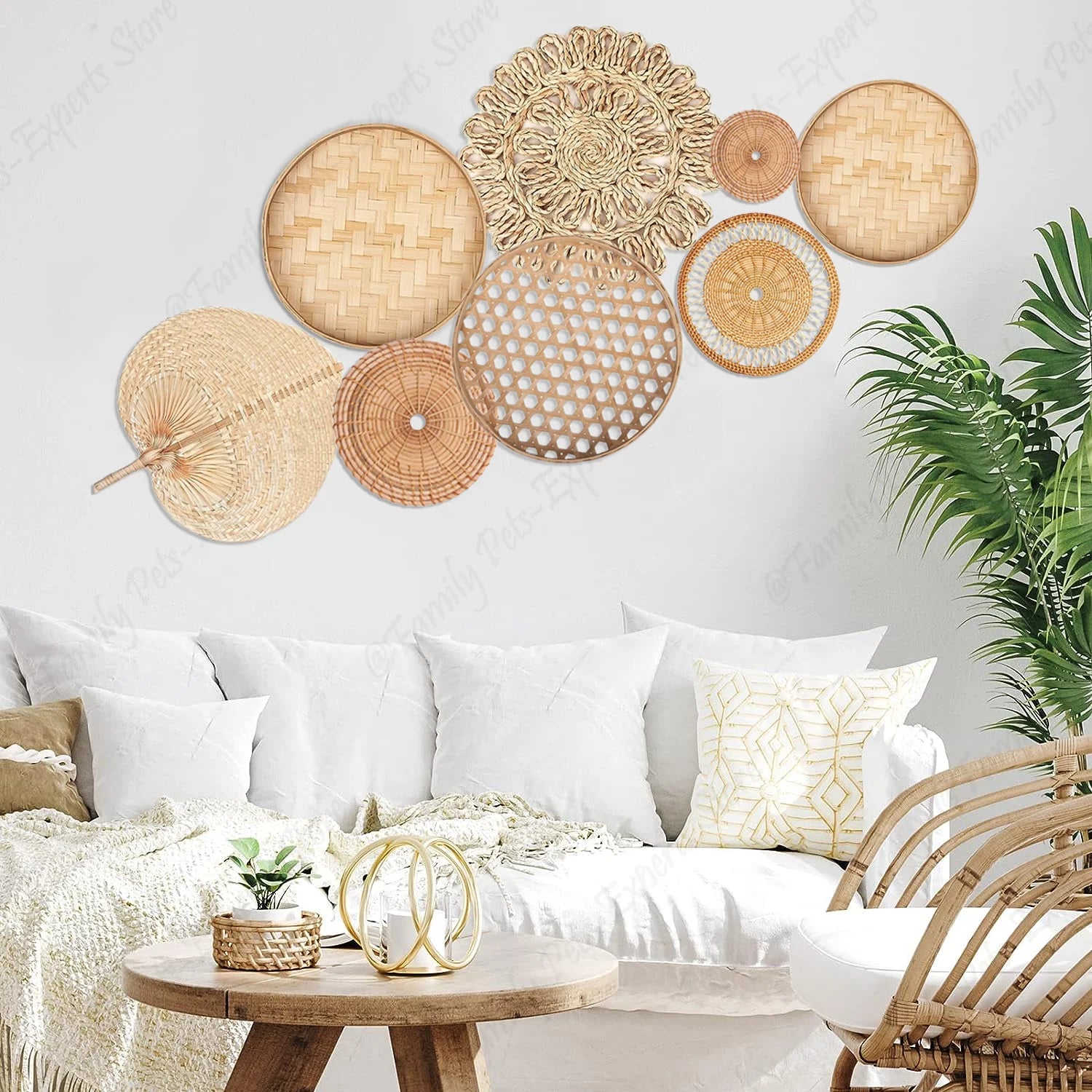 Woven wall basket set arranged above a white sofa in a cozy living room