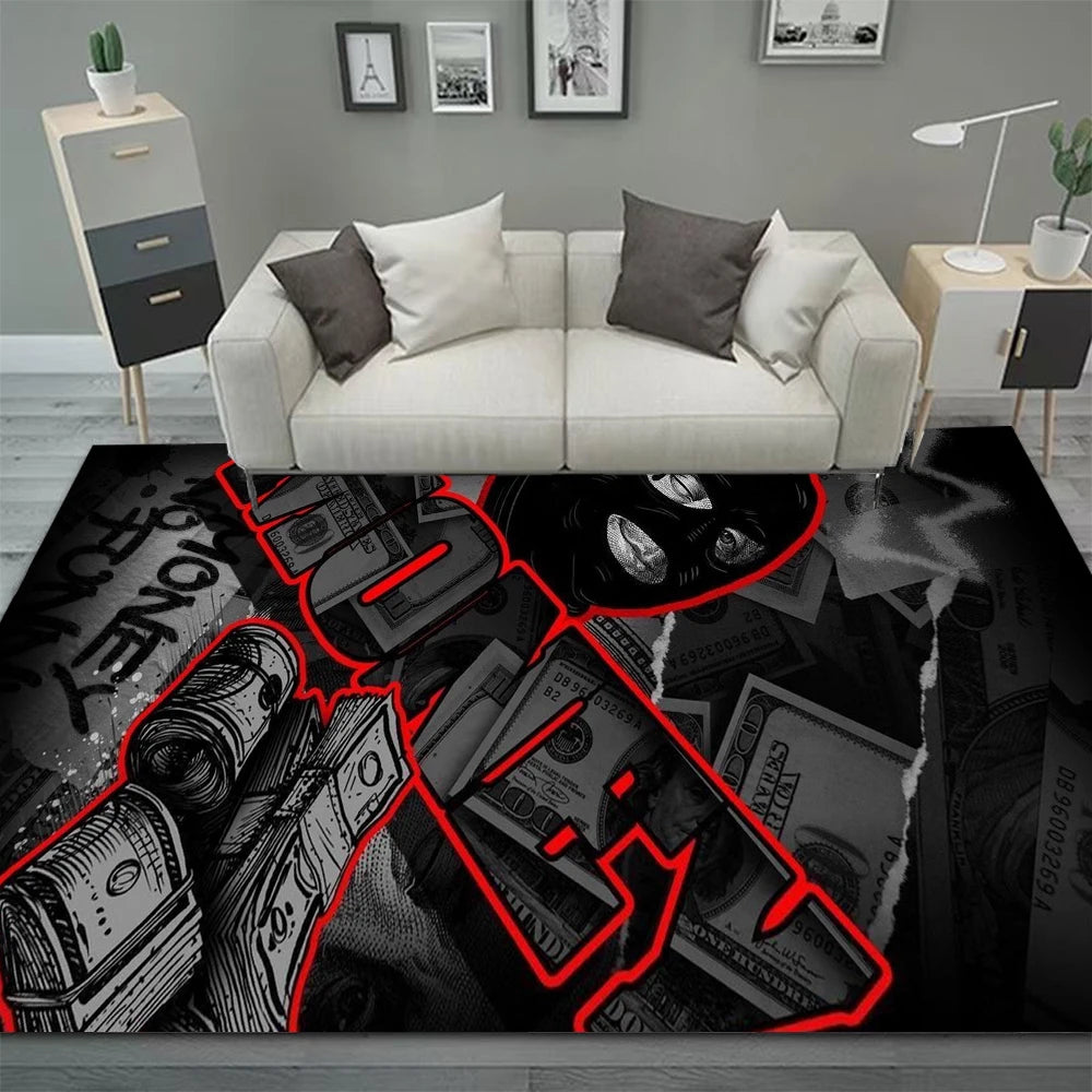 Gothic-Inspired Black Boho Area Rug for Living Room or Bedroom
