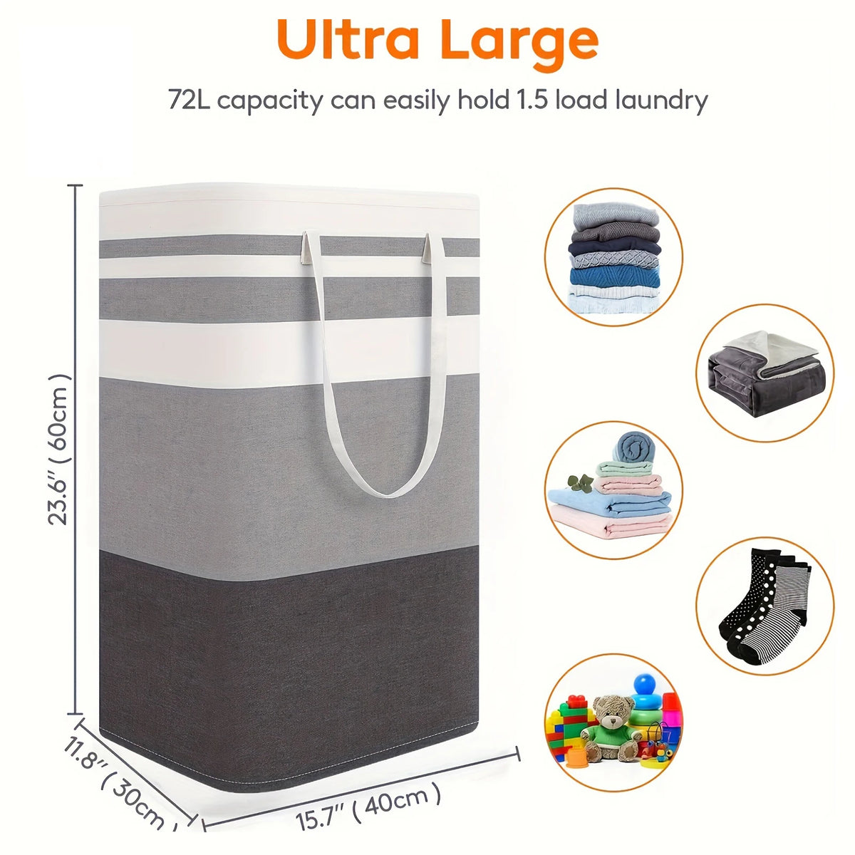 Large 75L Collapsible Striped Laundry Hamper with Handles for Bedroom, Bathroom, or Dorm