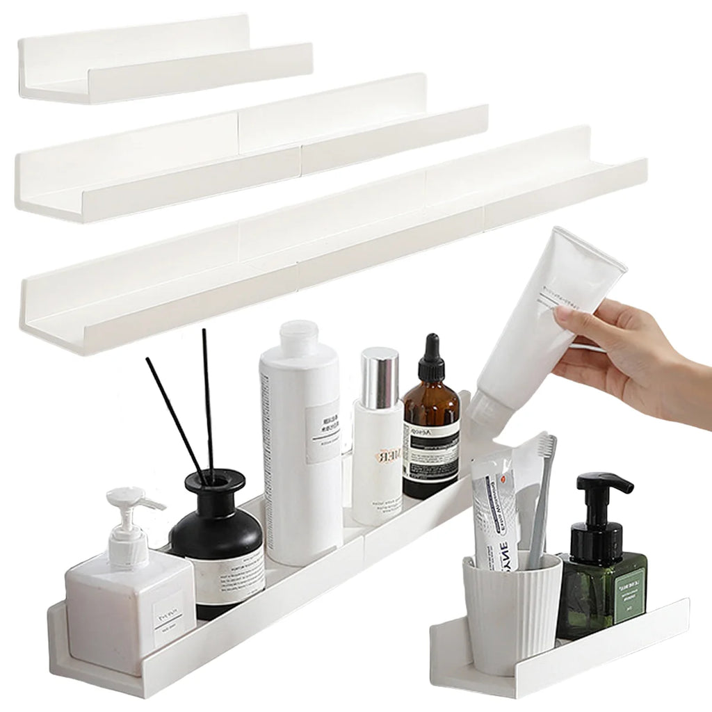 Slim white self-adhesive plastic wall shelves shown empty and holding bath and kitchen items