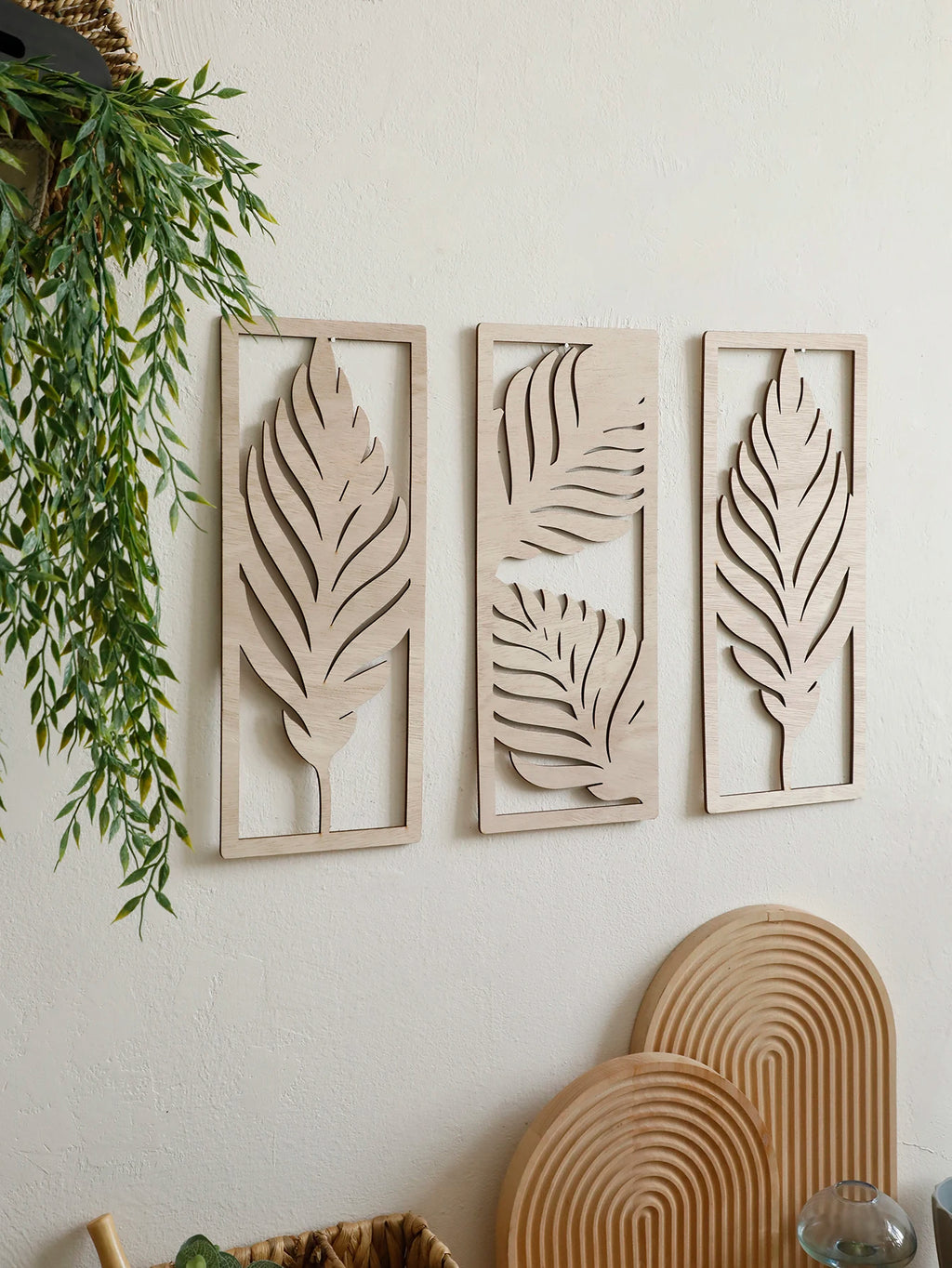 Arden Palm Leaf Wooden Wall Art – Set of 3 Boho Panels