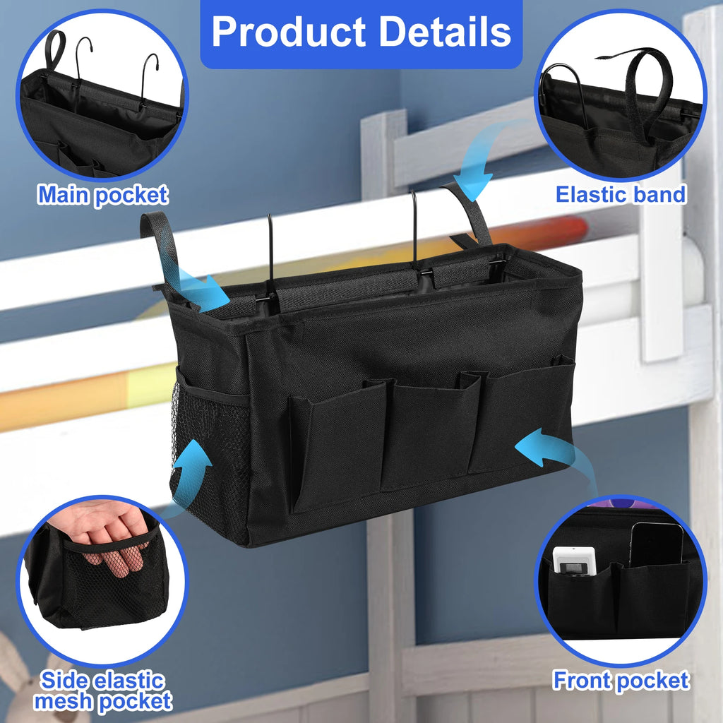 Close-up of multi-pocket bedside organizer showing main compartment and mesh pocket