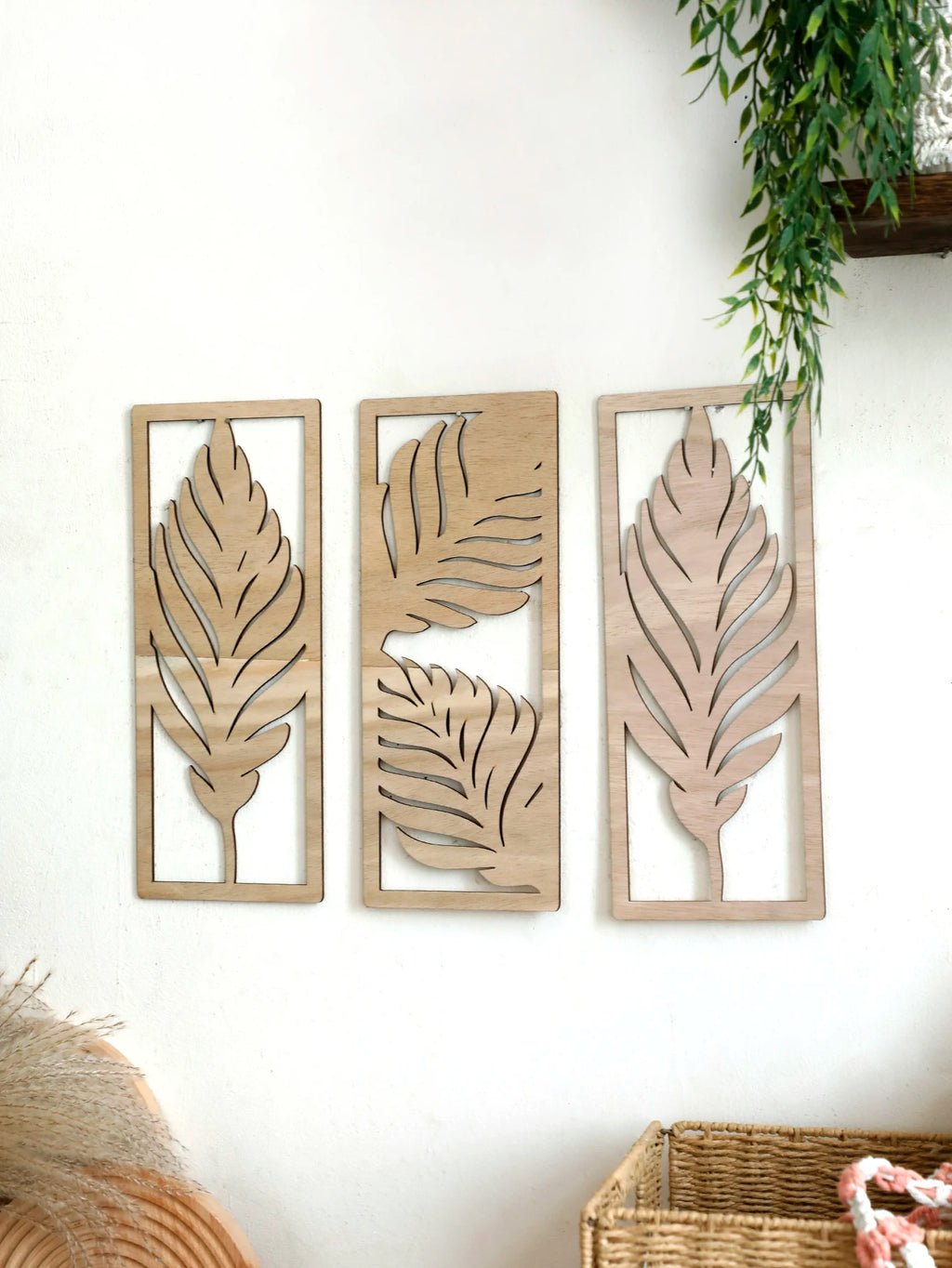 Arden Palm Leaf Wooden Wall Art – Set of 3 Boho Panels