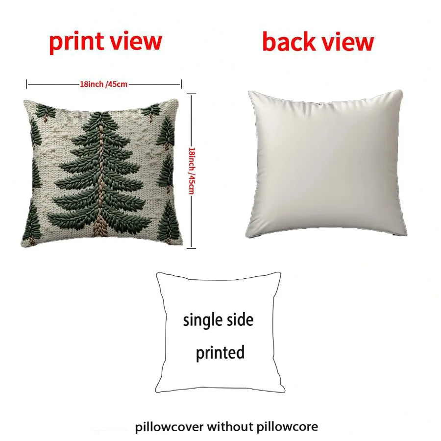 Diagram showing the front evergreen print and plain back of the 45x45cm pillow cover