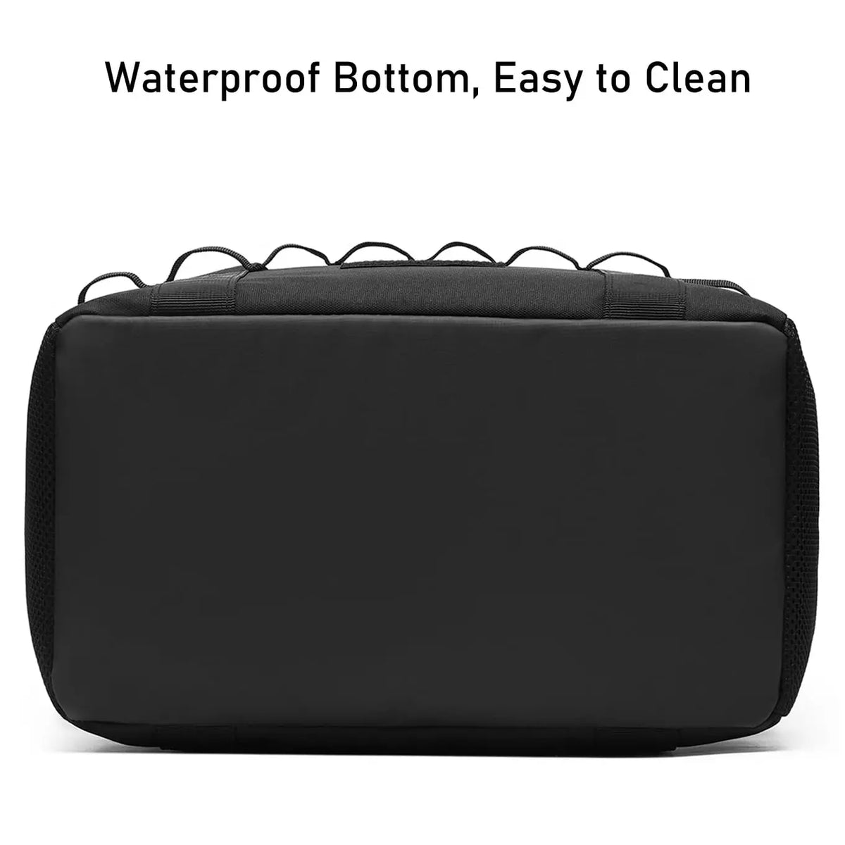 Waterproof bottom of black outdoor storage bag with easy-to-clean text