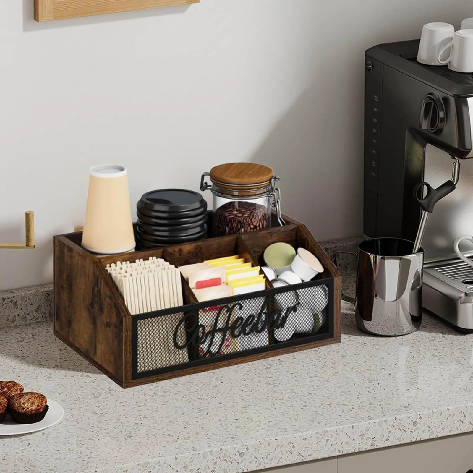 wood and metal coffee station organizer on a kitchen countertop holding coffee accessories